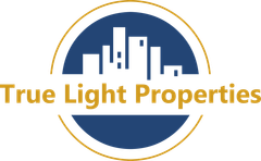 Logo: "True Light Properties" with gold text, a blue circle featuring a city skyline, and a gold border.