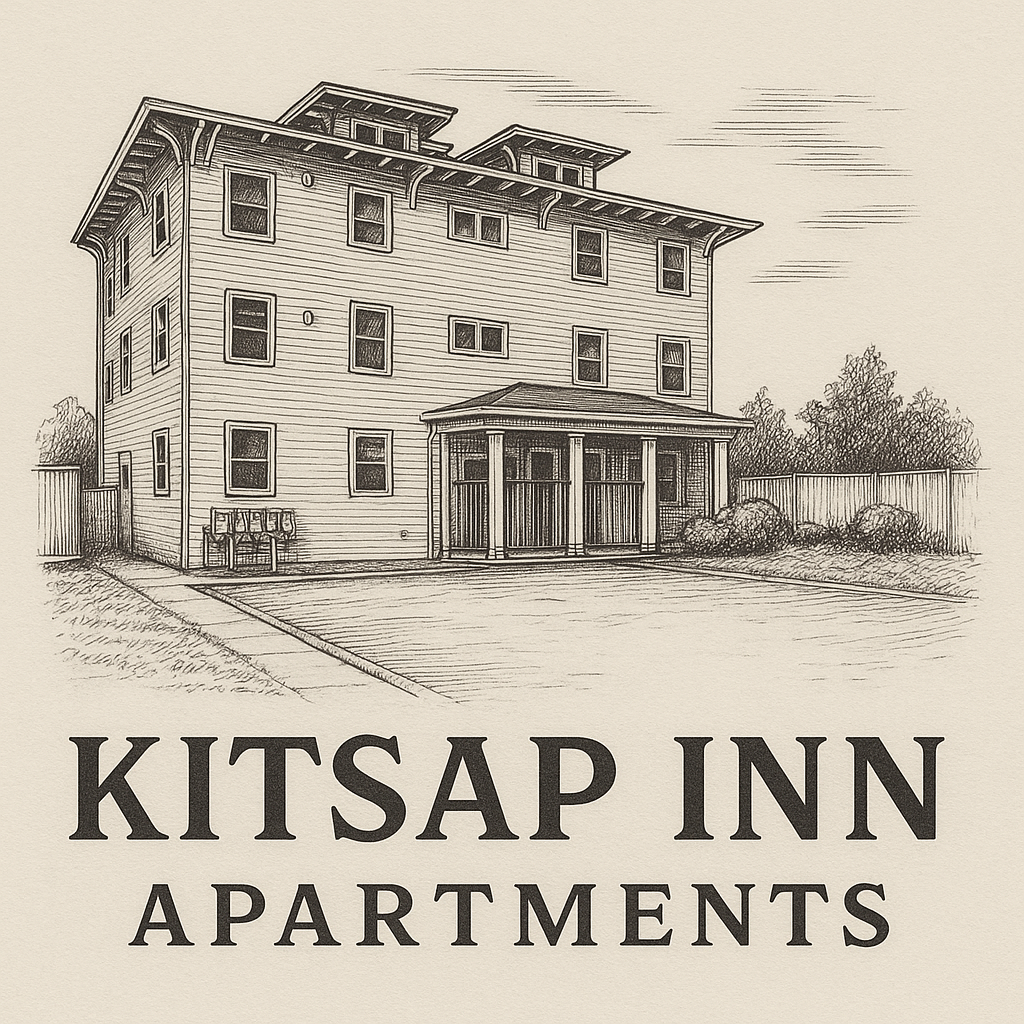 Kitsap Inn Apartments logo, featuring a three-story building with a porch and the text 