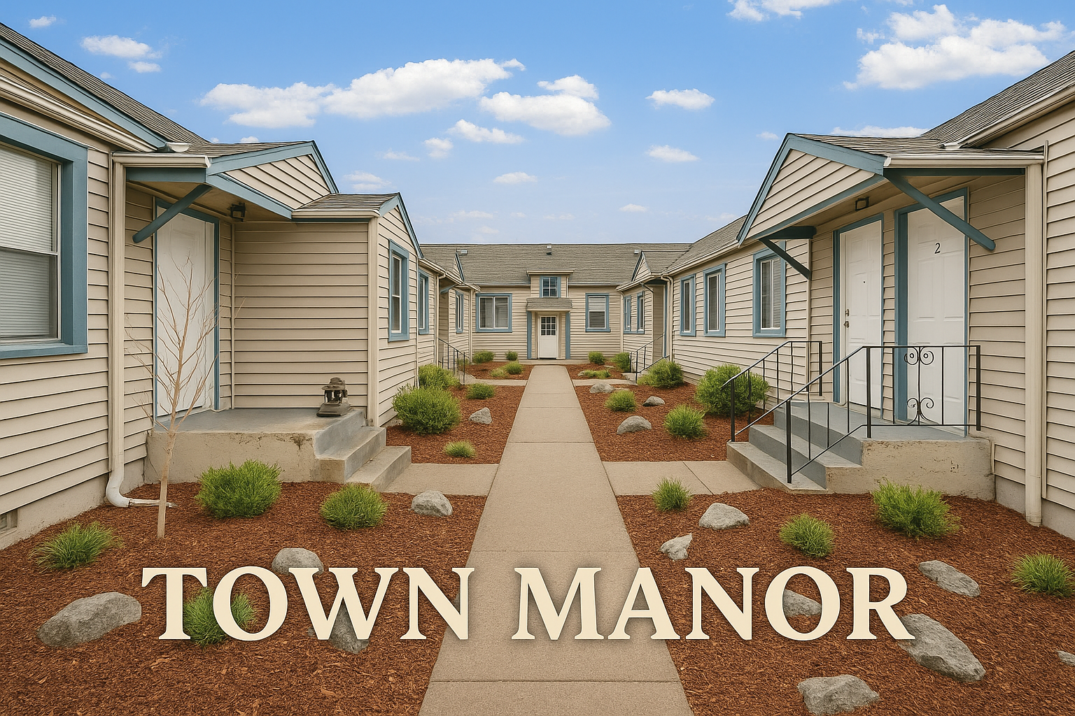 Town Manor apartment complex with a central walkway and small gardens. Buildings are beige with blue trim.