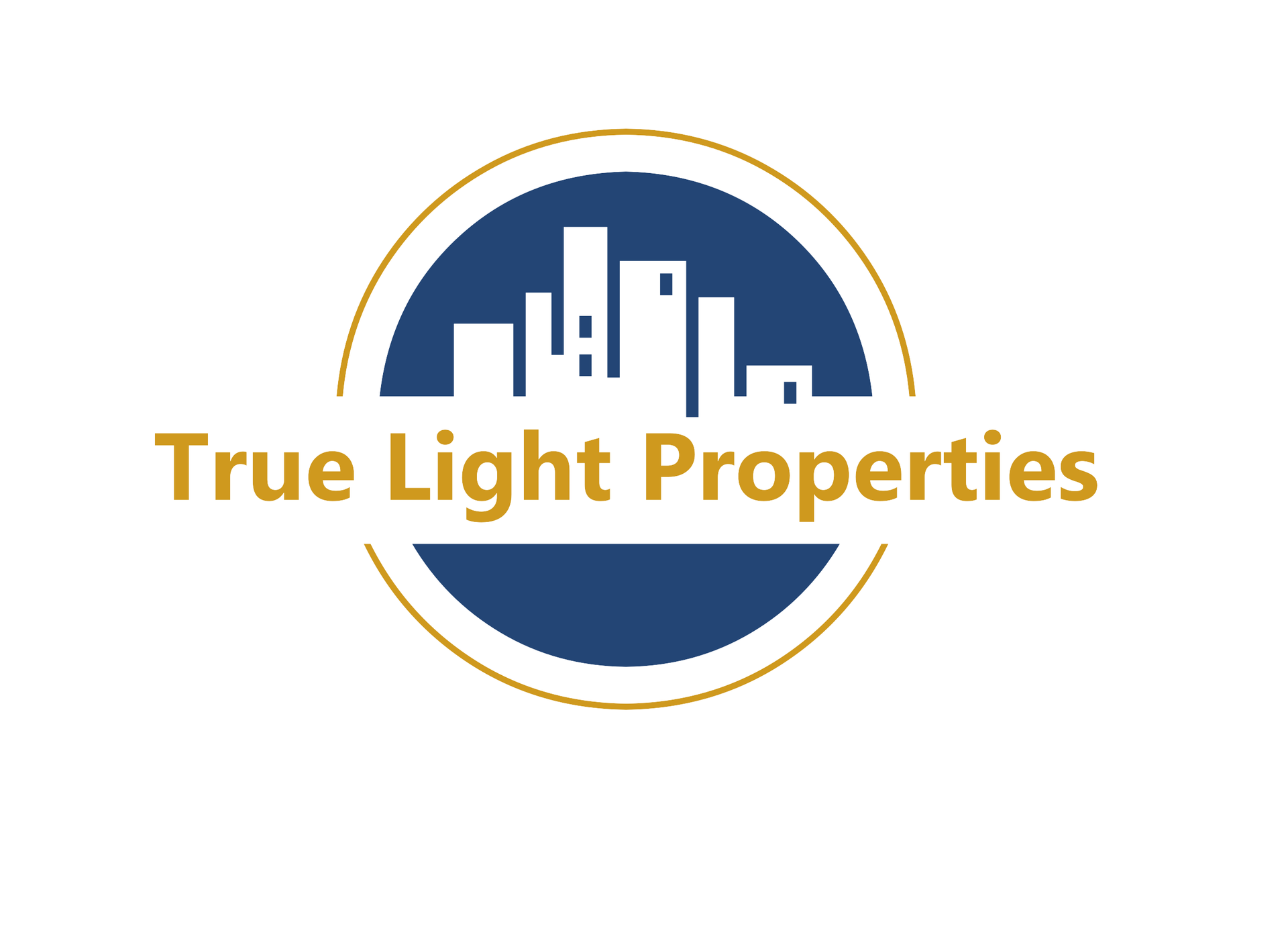 Logo for True Light Properties: Blue circle with cityscape, gold outline, gold text below.