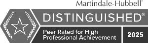 Martindale-Hubbell Distinguished award logo. Peer Rated for High Professional Achievement 2025.
