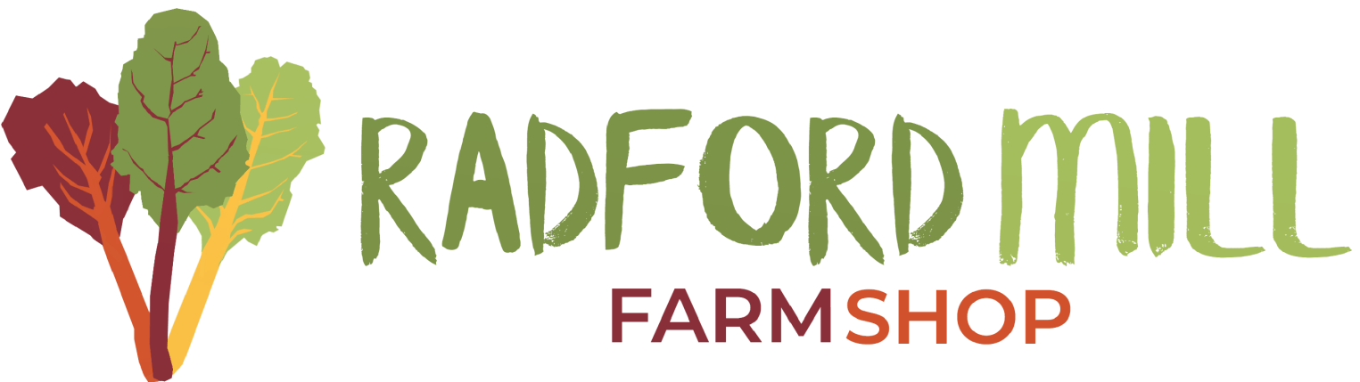 The radford mill farm shop logo is a farm shop with trees in the background.