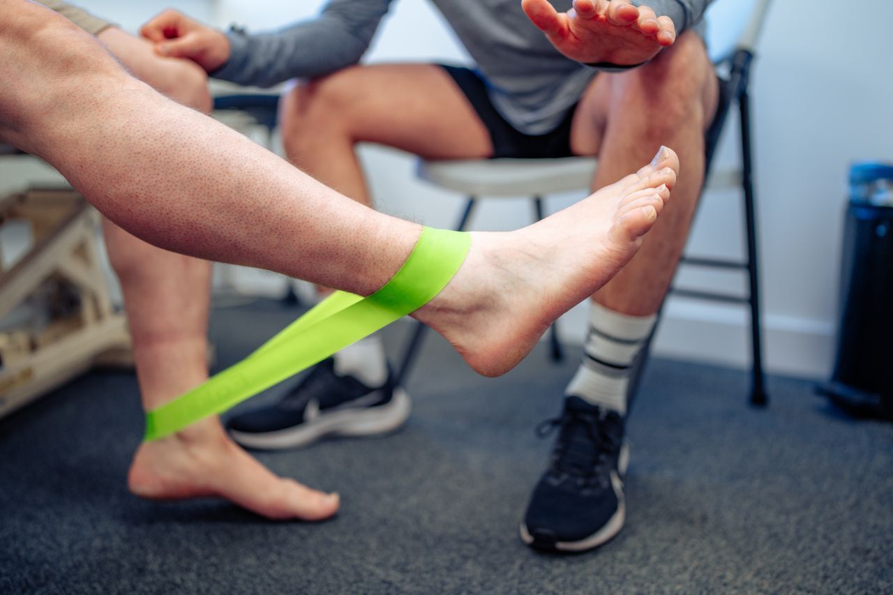 A man is holding his shoulder in pain while sitting in front of a laptop computer.
