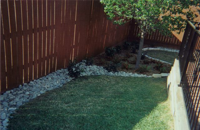 A backyard with a wooden fence and a lush green lawn.