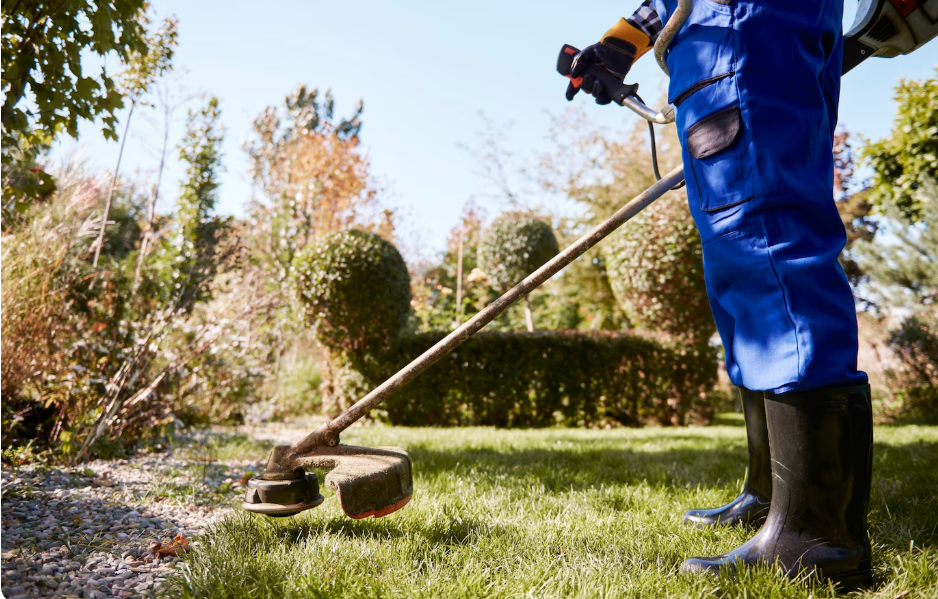 Gardener with weedwacker cutting the grass for landscape maintenance.