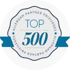Allergan Partner Privileges Top 500 award badge: white background, blue accents, text.