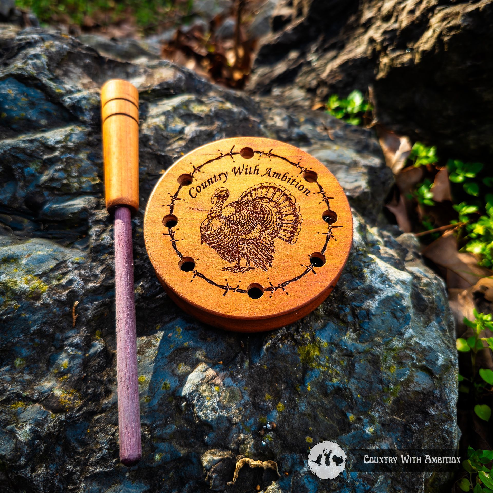 Country With Ambition custom hand turned cherry turkey call on a rock with engraving