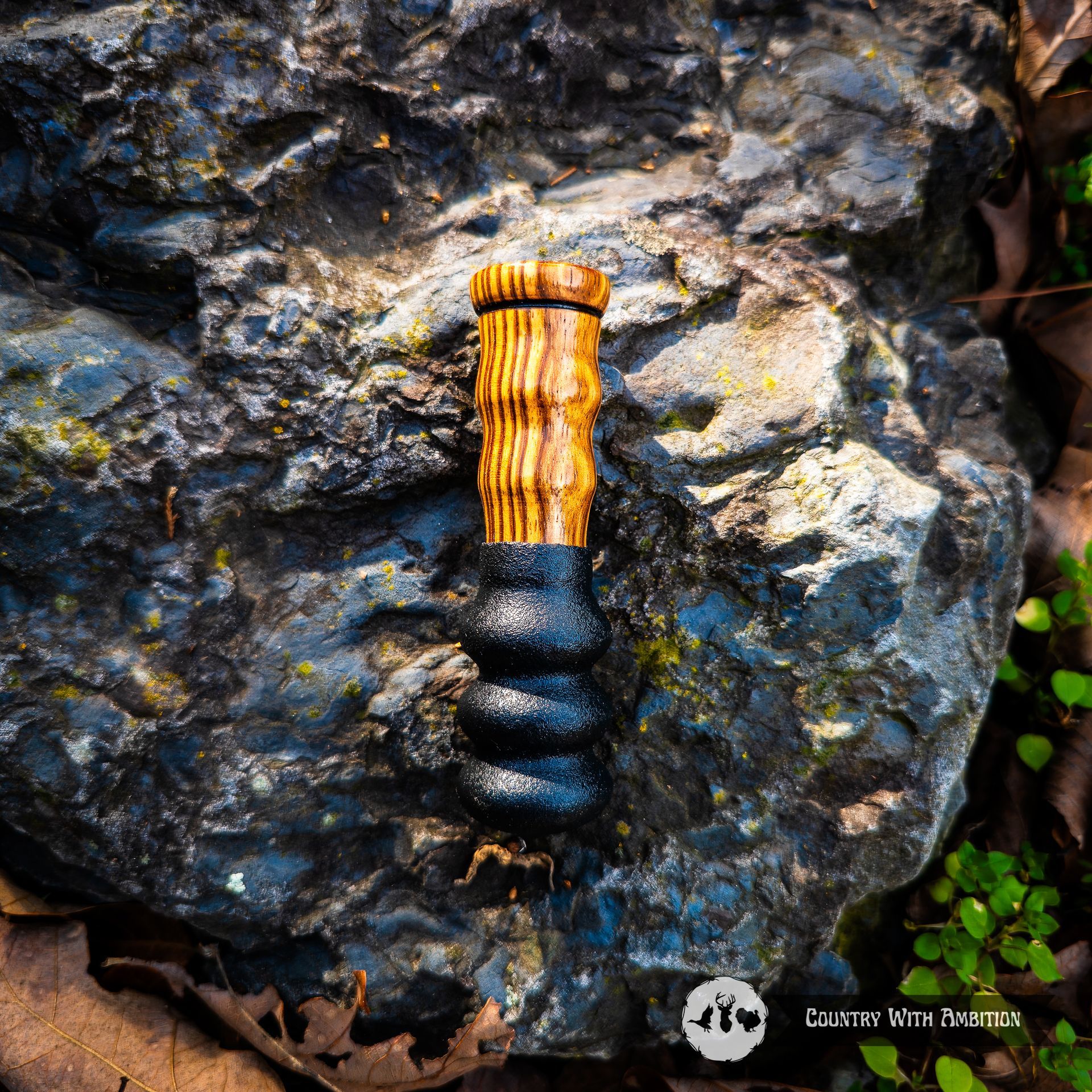 Carved wooden squirrel call on a dark rock, surrounded by leaves and green plants. Country With Ambition