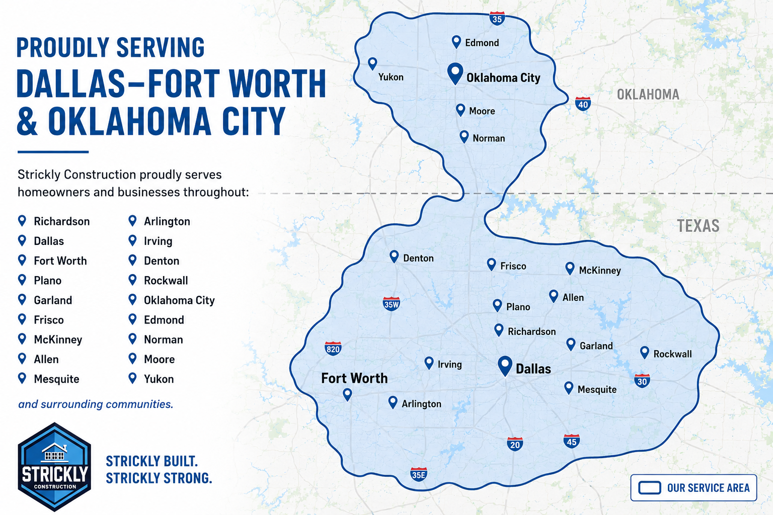 Map showing proud service areas in Dallas-Fort Worth & Oklahoma City for Strickland Brothers 10 Minute Oil Change.