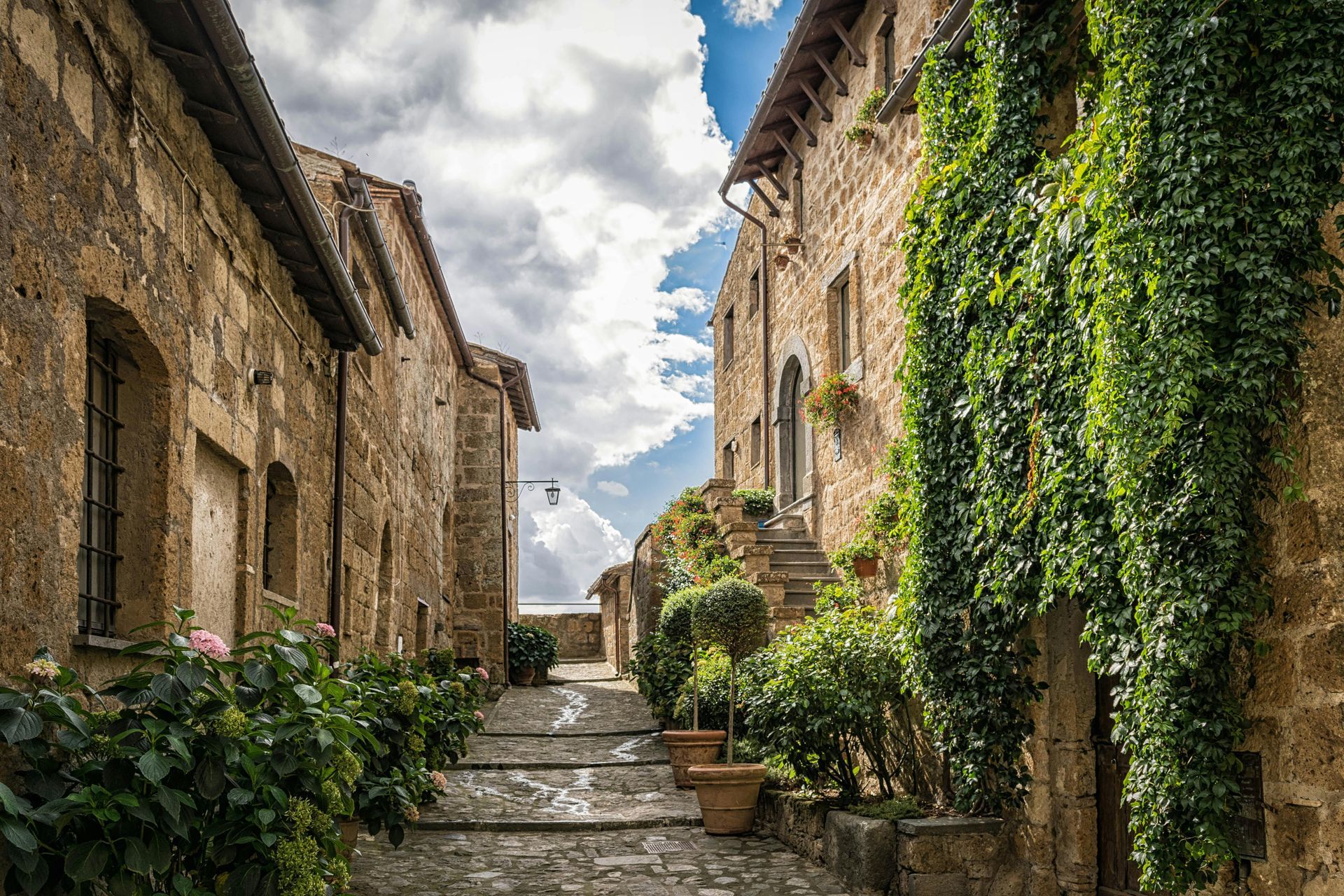 Stone alleyway in Civita di Bagnoregio, Italy, with staircases, lush greenery, and cloudy sky.