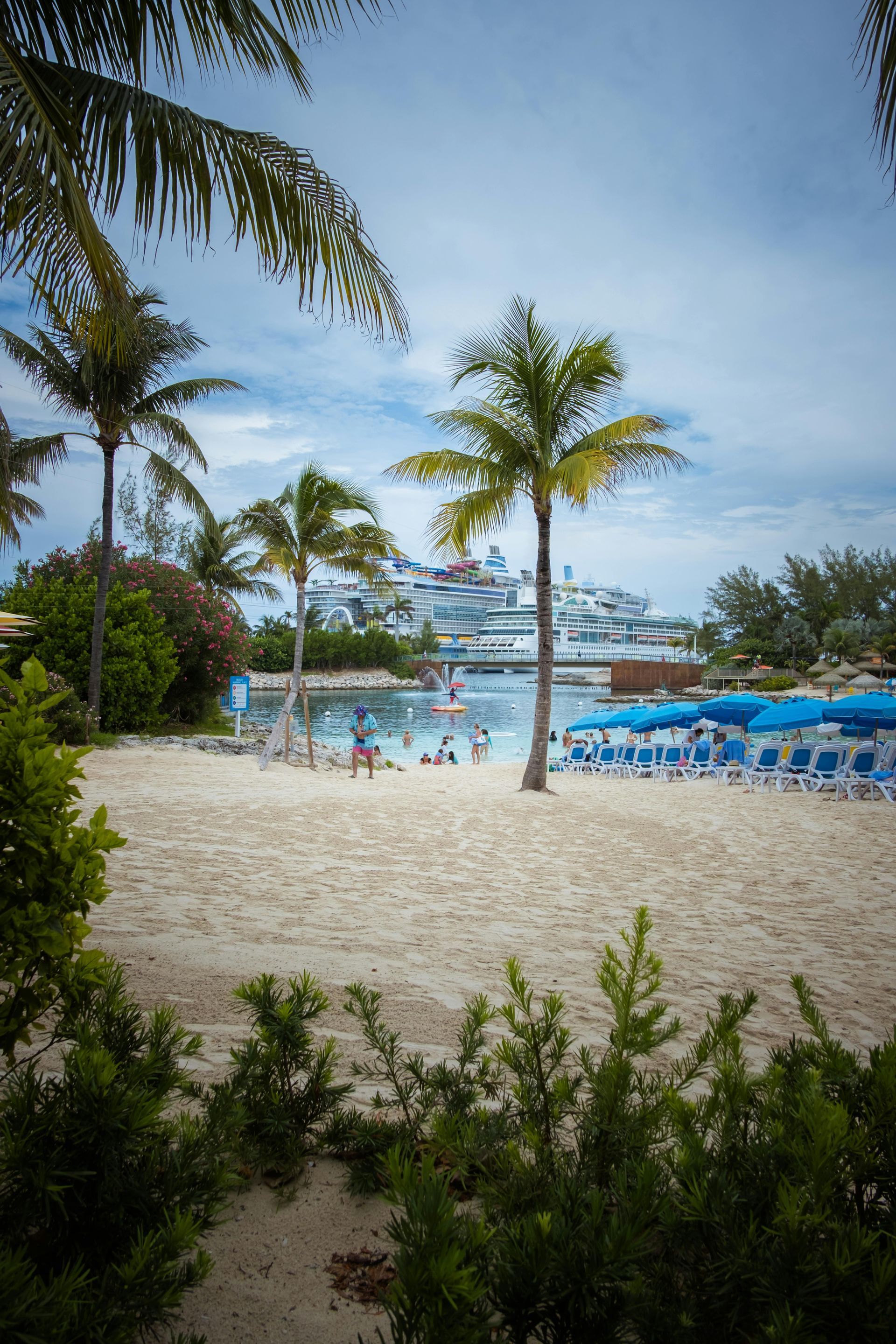 Beach with palm trees, turquoise water, people, lounge chairs, and a large cruise ship in the background.