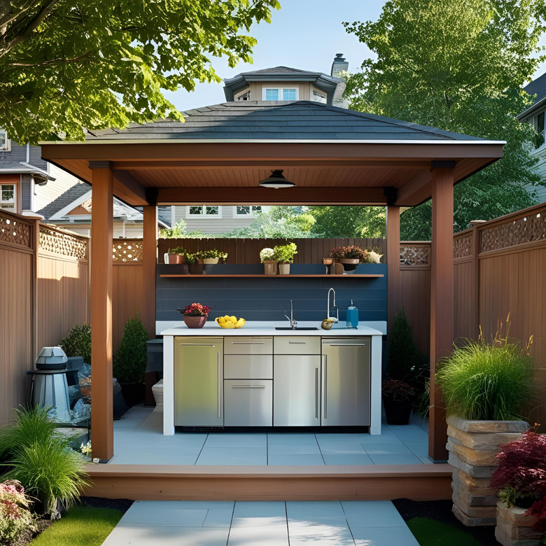 Un gazebo avec une cuisine en acier inoxydable à l'intérieur