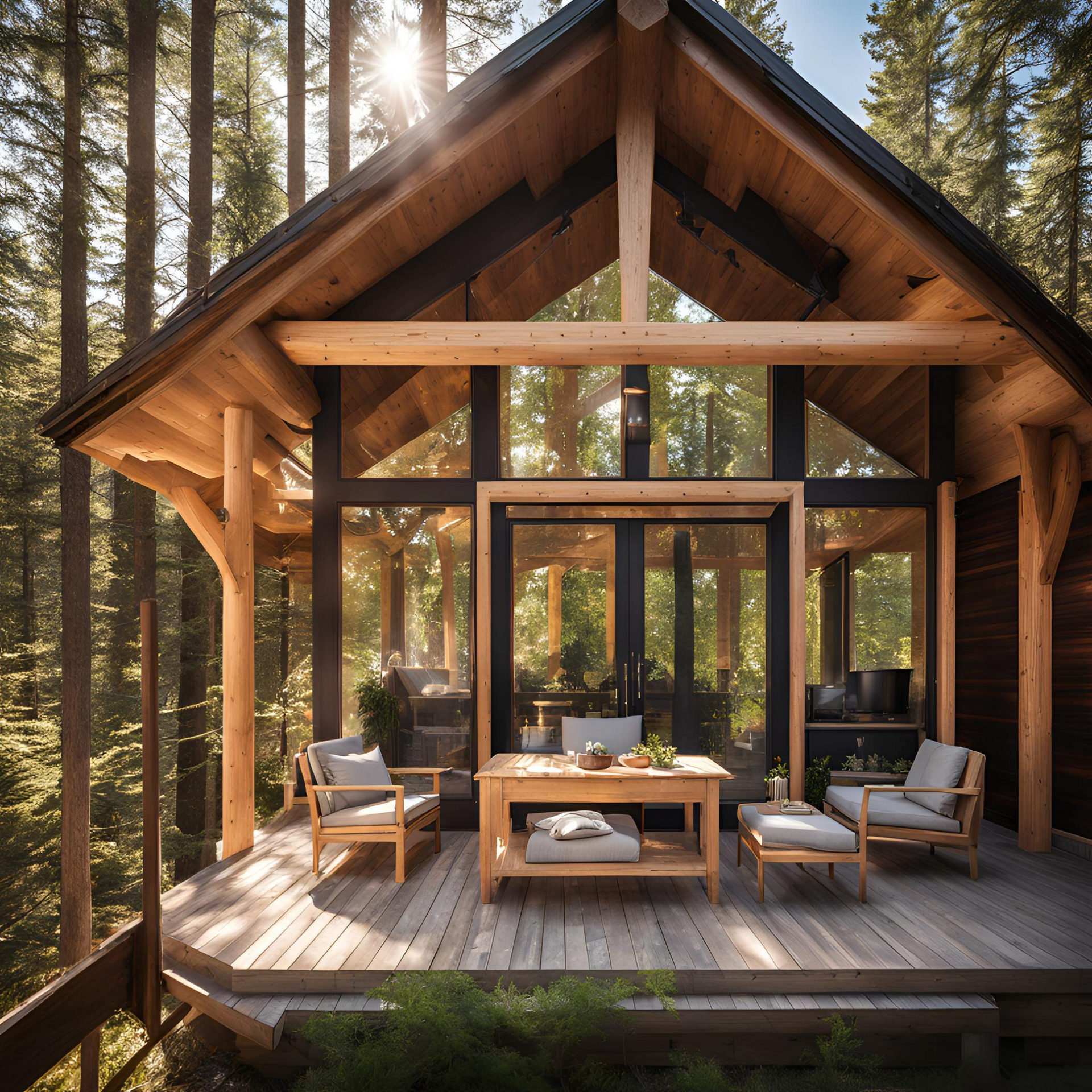 Une maison en bois avec beaucoup de fenêtres et de chaises