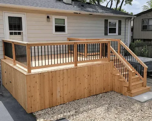 A wooden deck with black metal railings and stairs sits against the side of a white-sided residential house.