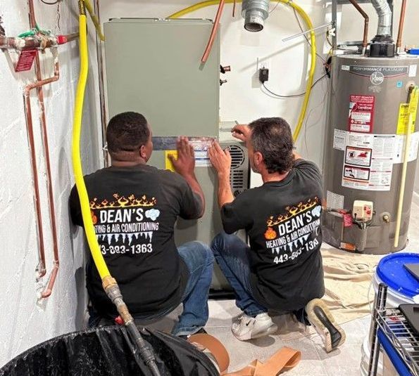 Two men are working on a water heater in a basement.