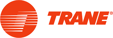 Trane logo: Orange circle with stylized letter "T" and the word "TRANE" in orange.
