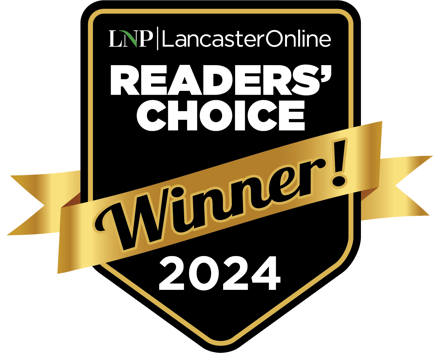LNP LancasterOnline Readers' Choice Winner 2024 badge: Black shield with gold ribbon and text.