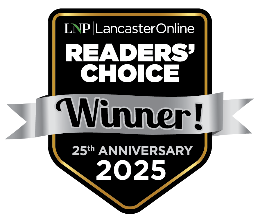 Readers' Choice Winner! Badge for LancasterOnline, celebrating 25th anniversary in 2025. Black and gold with a silver banner.
