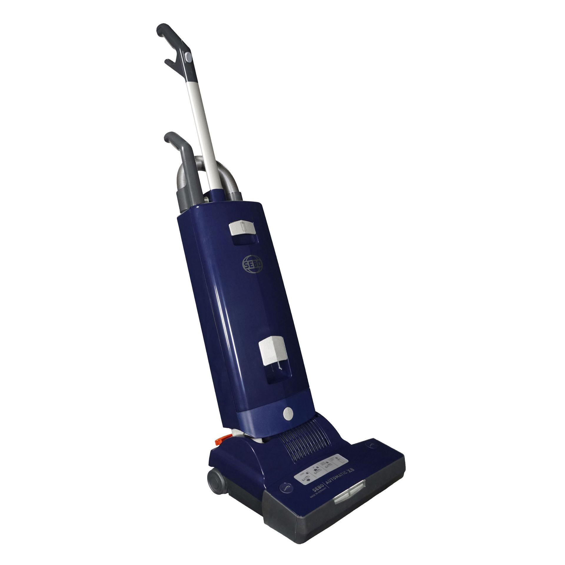 Blue upright vacuum cleaner with silver handle, angled towards the right.