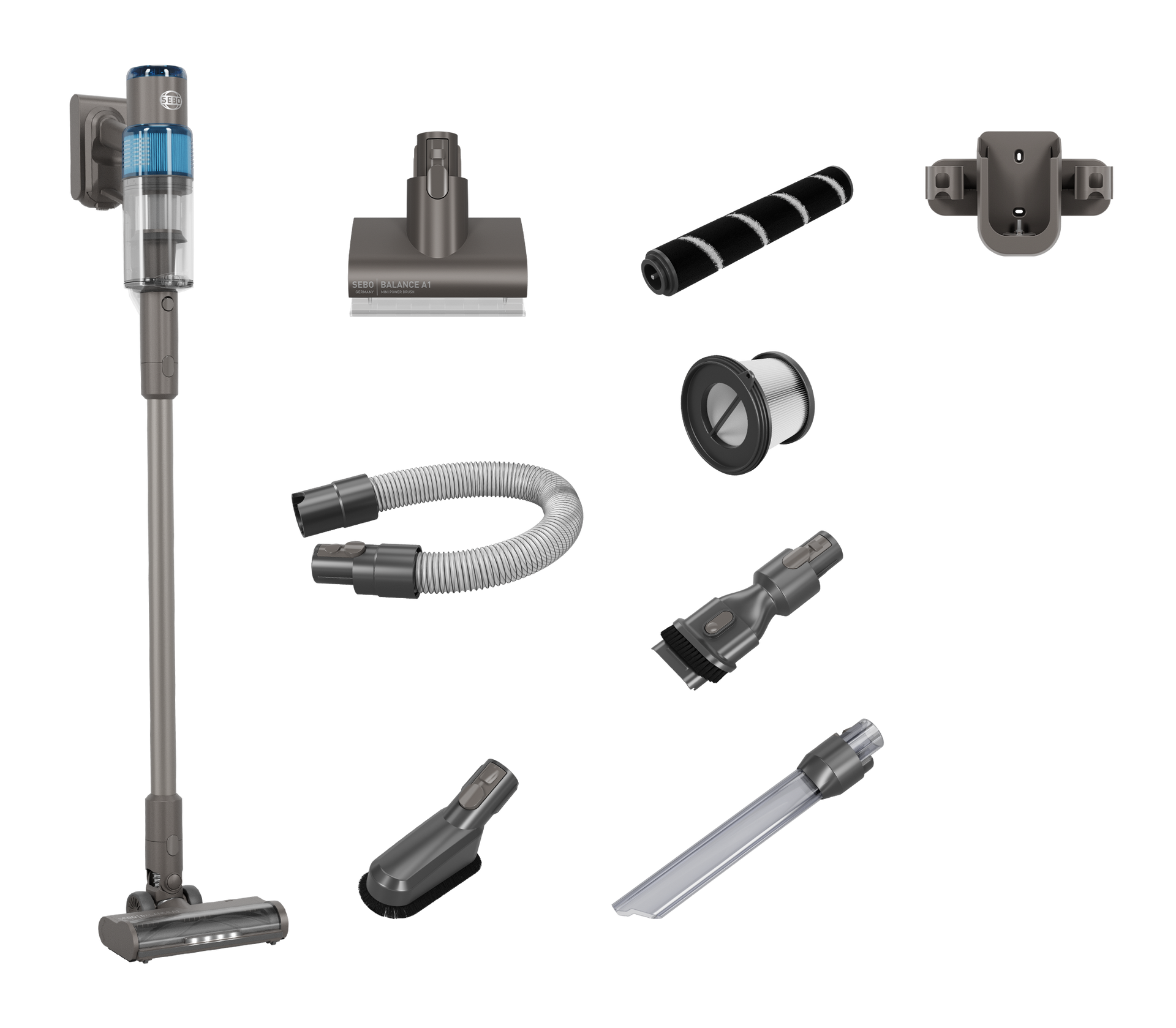 Cordless vacuum cleaner with attachments, including brush heads and a hose.