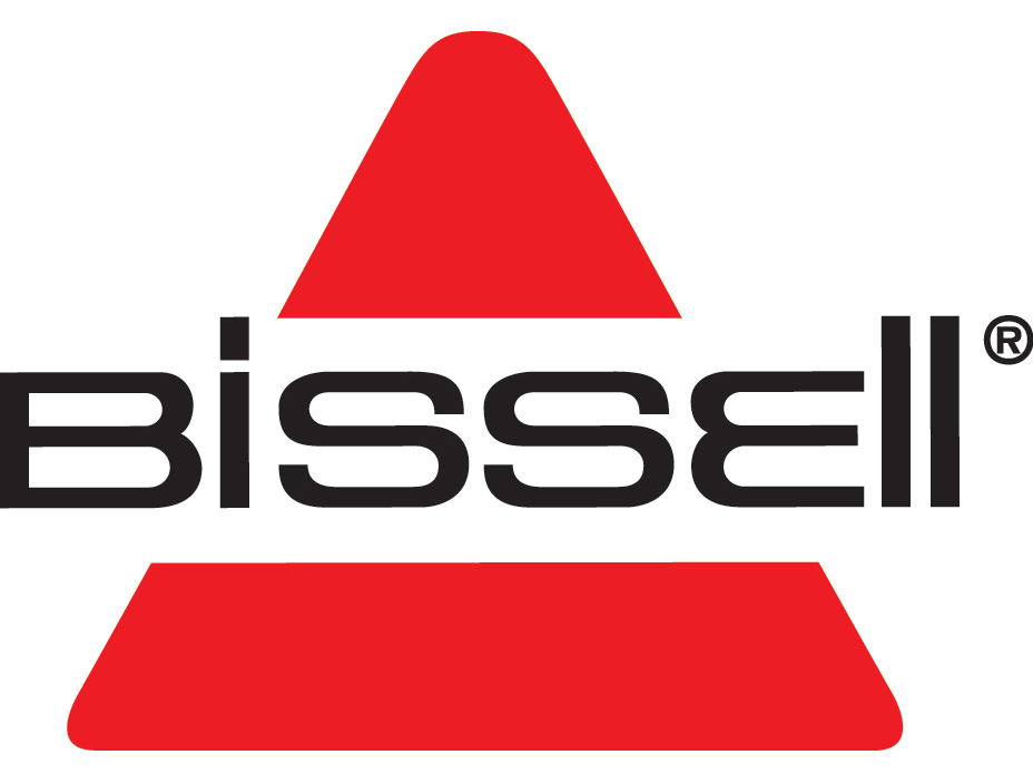 Bissell logo with red triangle and trapezoid. Black text: 