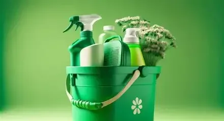 Green bucket filled with cleaning supplies and greenery against a green backdrop.