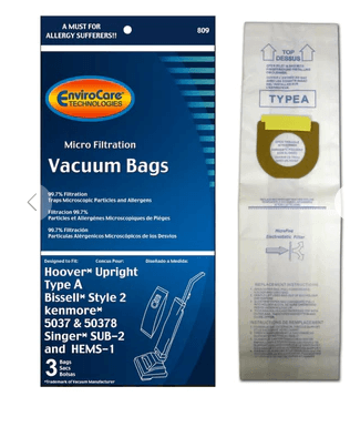Vacuum bags: Package of EnviroCore microfiltration bags, type A, for Hoover, Bissell, Kenmore, and Singer vacuums.