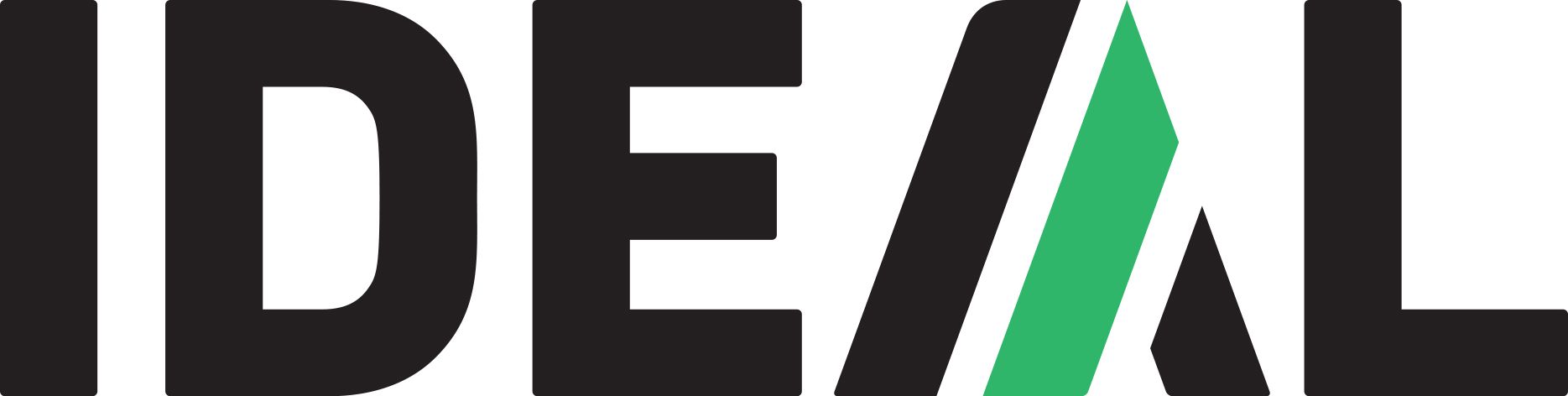 IDEAL logo with black and green angled lines.
