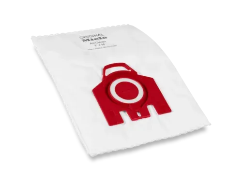 Miele vacuum cleaner bag package, white, with red logo and text, blue background.