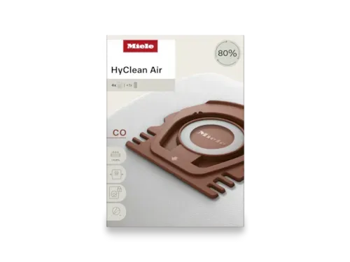Miele HyClean Air vacuum cleaner bag in a box; brown and white.