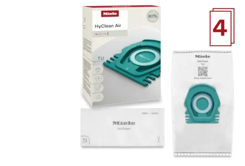Miele HyClean Air vacuum cleaner bag in a white box with teal and white details.