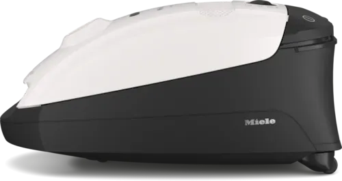 White and black Miele canister vacuum cleaner with hose, wand, and floor brush.