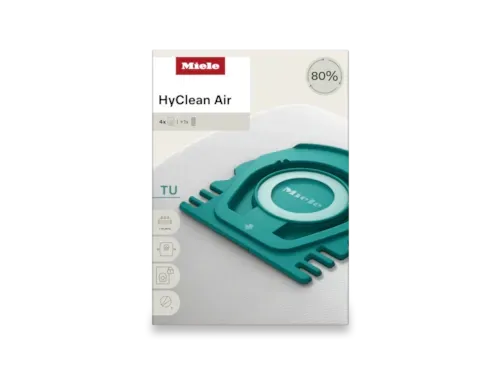Miele HyClean Air vacuum cleaner bag in a white box with teal and white details.