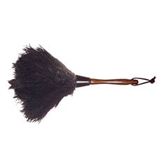 Black feather duster with a wooden handle.