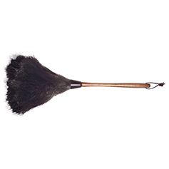 Black feather duster with a wooden handle, hanging loop at the end.