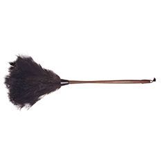 Black feather duster with a wooden handle, used for cleaning.