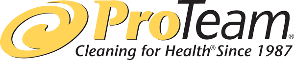 Logo for ProTeam, a cleaning products company. Yellow swirl graphic with 