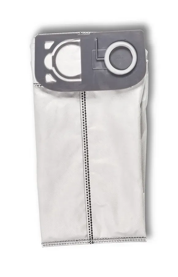 White vacuum cleaner bag with gray plastic mounting plate.