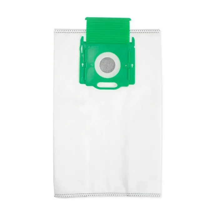 White vacuum cleaner bag with green plastic top.