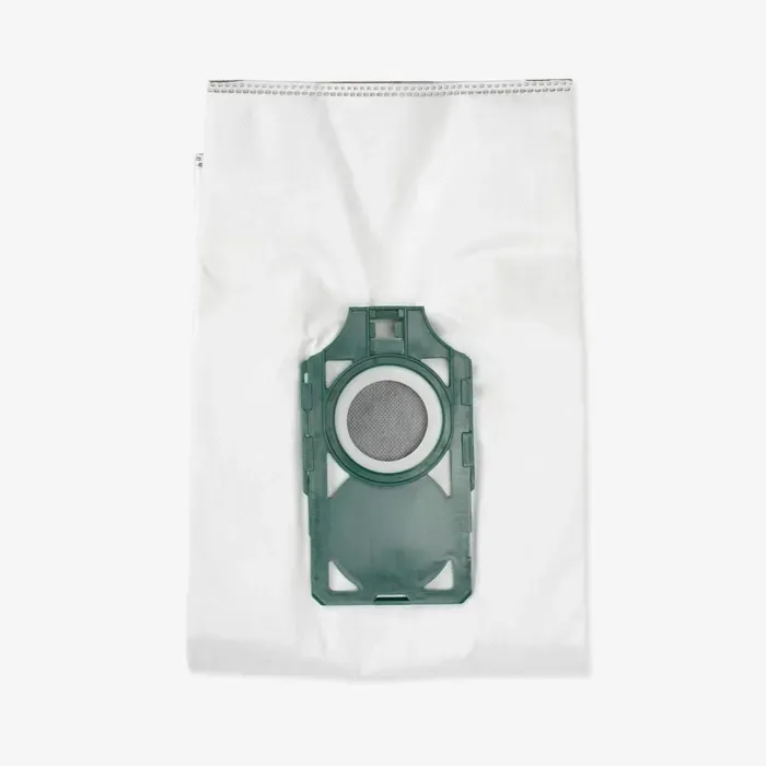 White vacuum cleaner bag with green plastic connector.