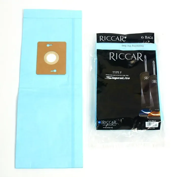 Blue vacuum bag and package of Riccar vacuum bags.