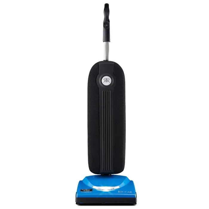 Blue and black upright vacuum cleaner with silver handle.
