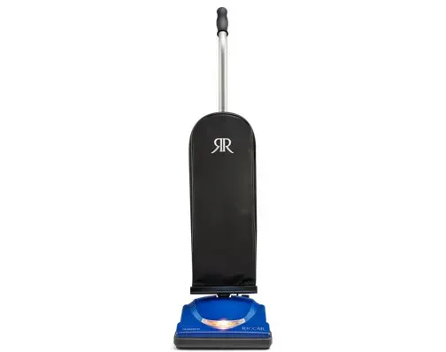 Blue and black upright vacuum cleaner with silver handle.