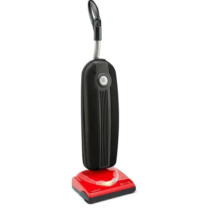 Upright red and black vacuum cleaner with a green and blue seal.