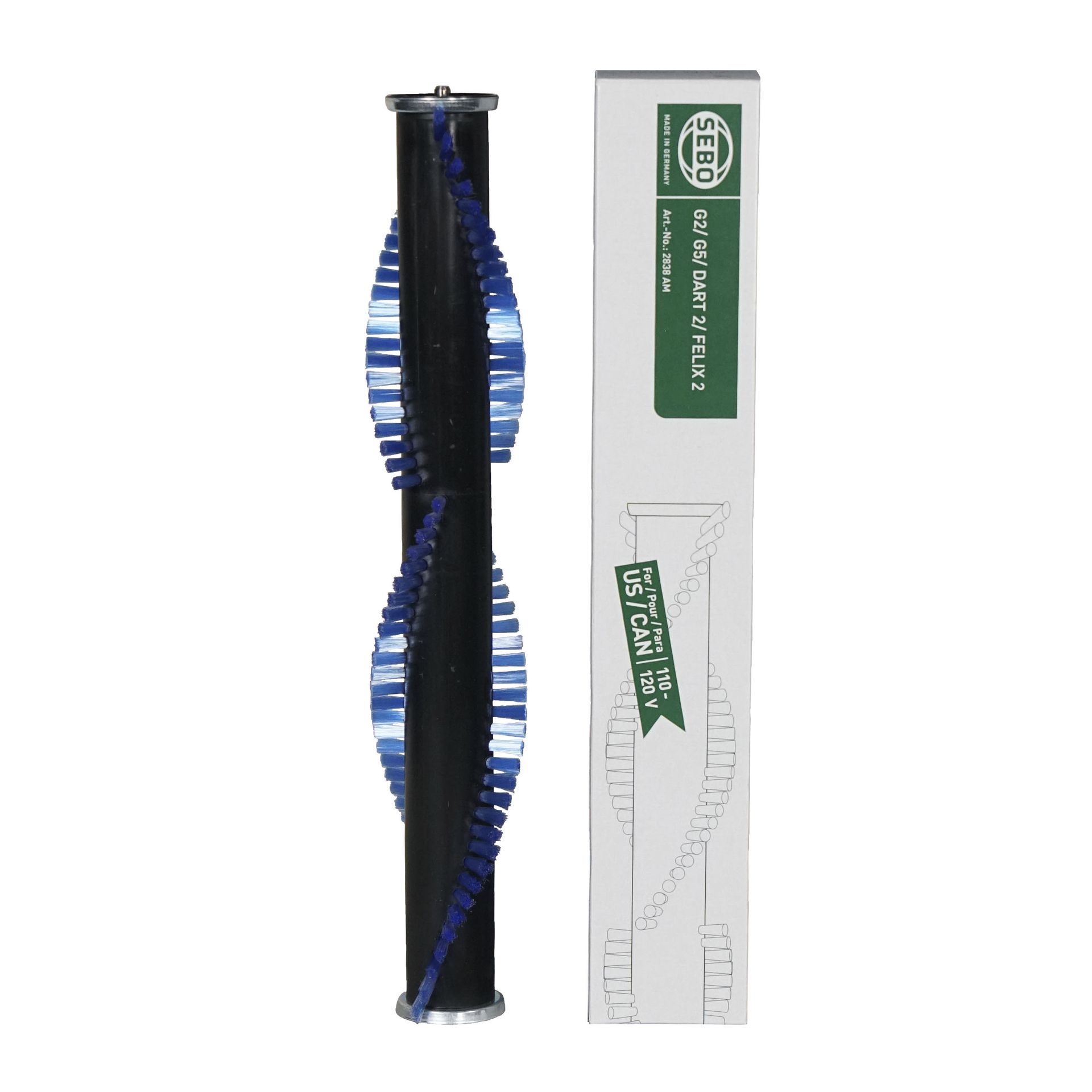 Vacuum cleaner roller brush with blue and black bristles and a white box.