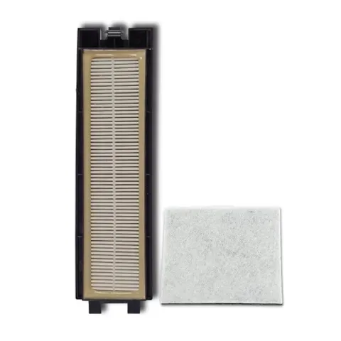 Robot vacuum filter components: a black-framed HEPA filter and a white foam pre-filter.