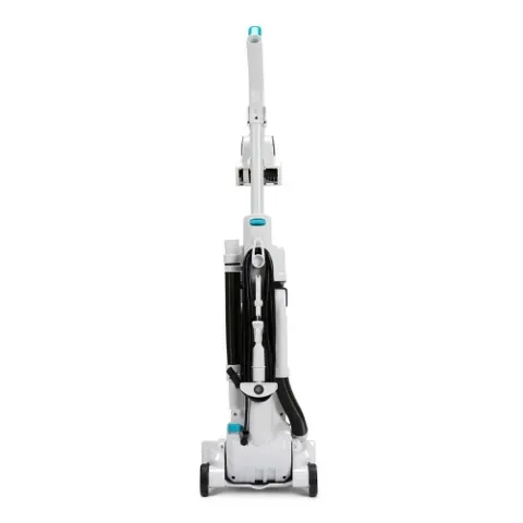 Upright white vacuum cleaner with teal accents.