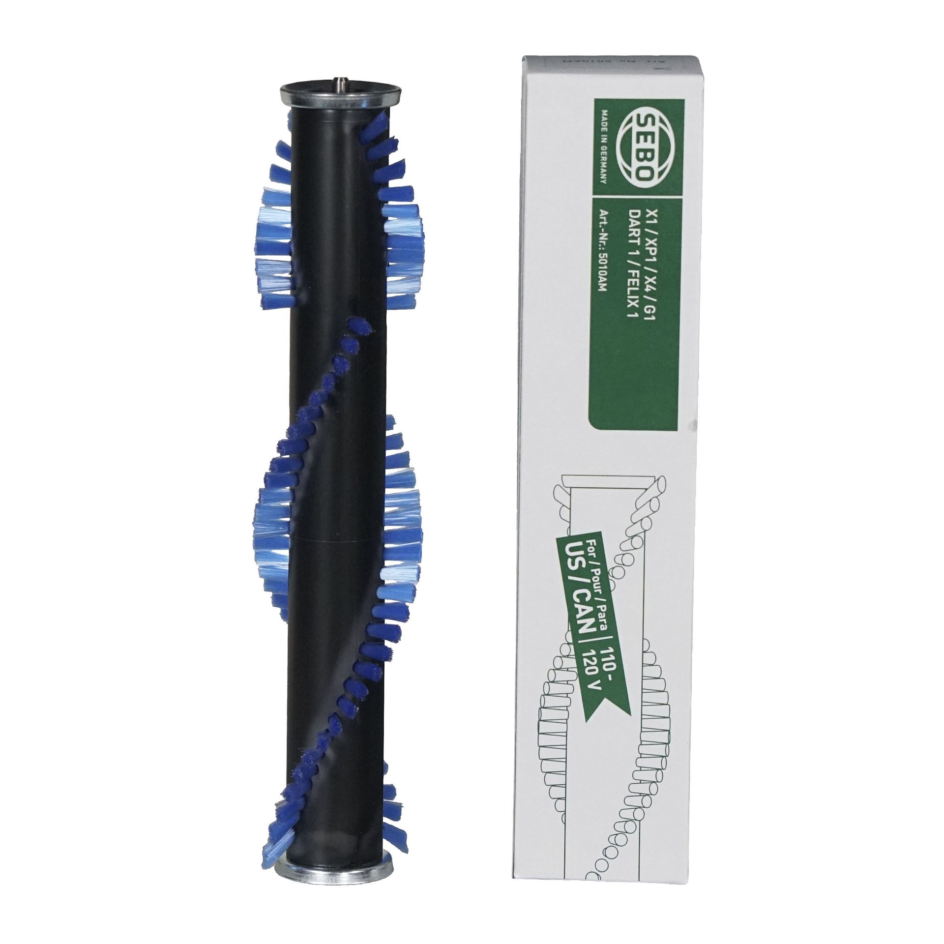 Vacuum cleaner brush roll and its packaging. The brush has blue bristles. The box is white with green and black text.