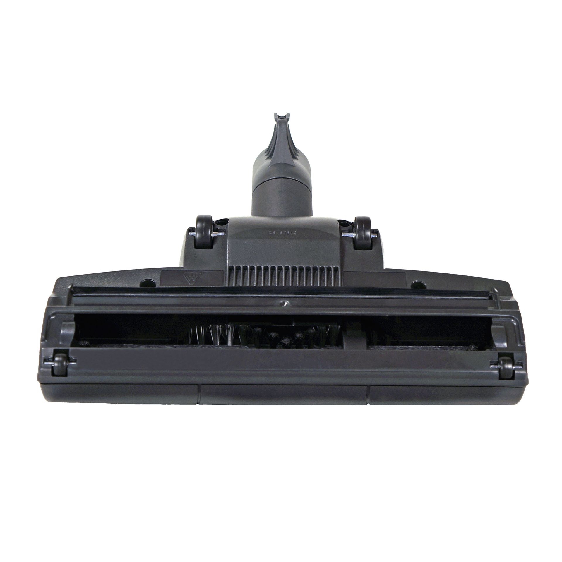 Black vacuum cleaner head with a central connector and a rounded rectangular shape.