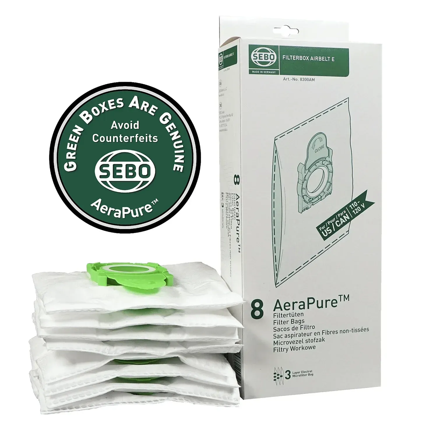 SEBO AeraPure vacuum bags, white with green accents, in a box and stacked.